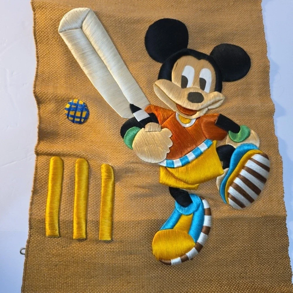 MICKEY MOUSE Woven Burlap Vintage Wall Hanging Tapestry Embroidery Plays Cricket